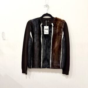 Fendi Wool Mink Fur Paneled Zip Front Sweater Brown/Black Women's 38 IT / US 6